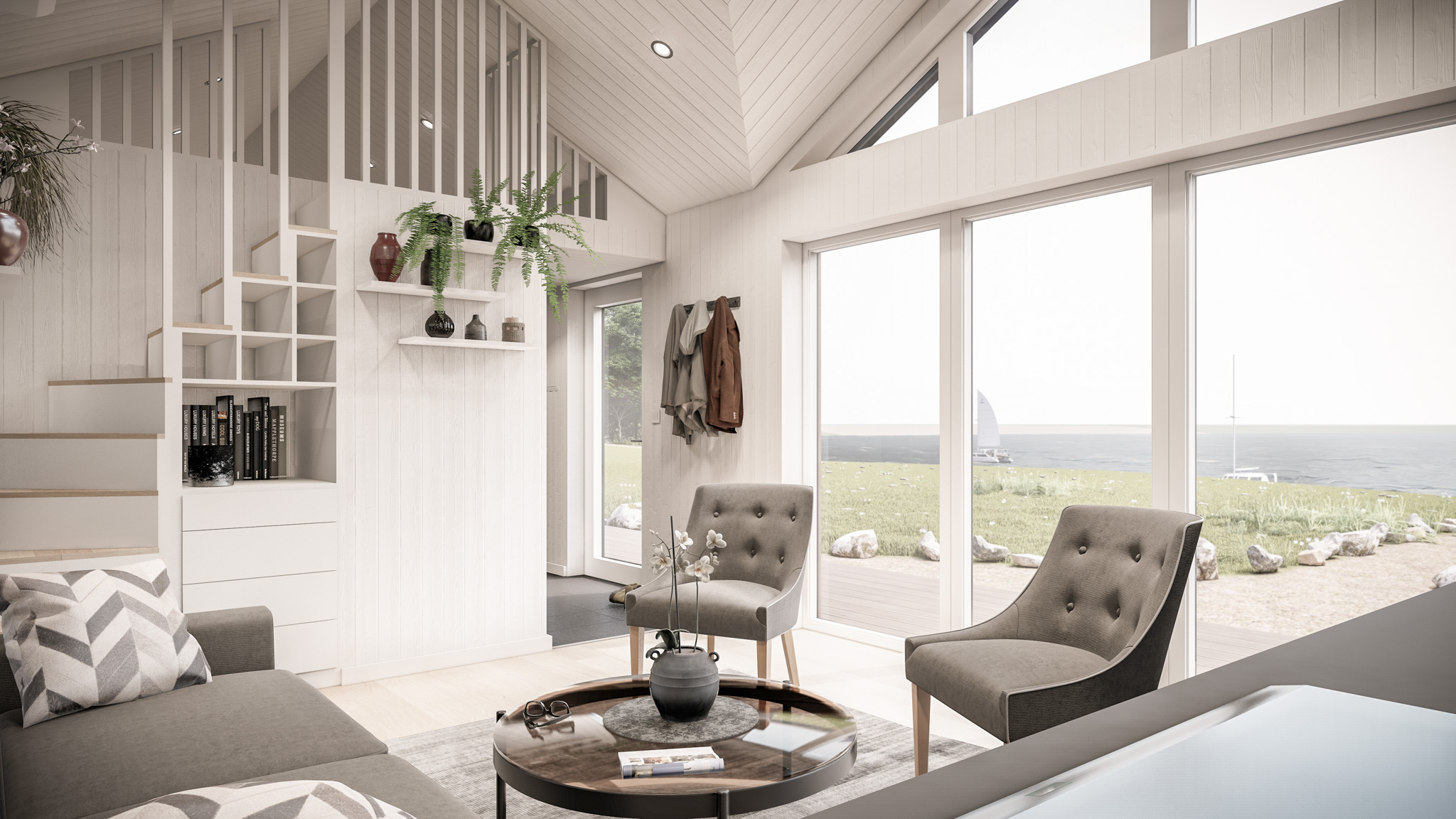 Lyst interiør med hems i anneks fra Sølund Living